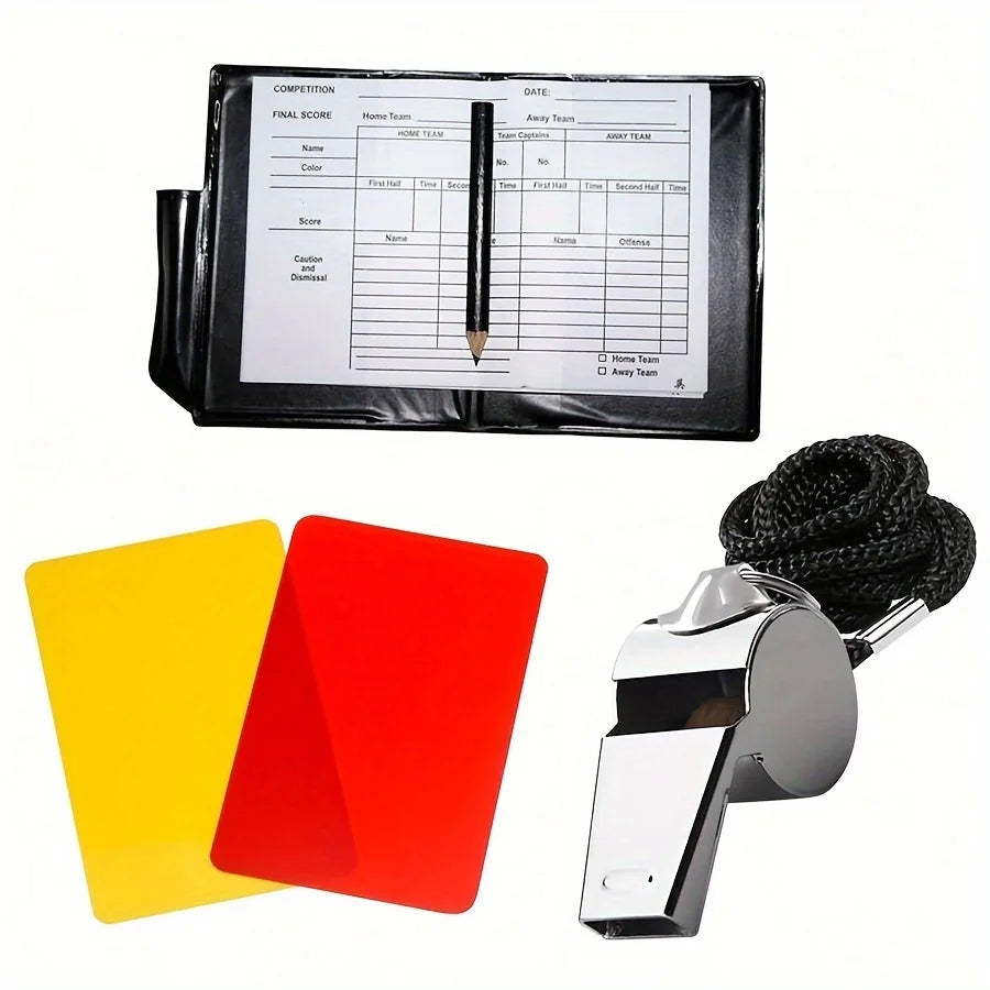 Kit Arbitre Football Complet – Sifflet Inox + Cartons Rouge & Jaune + Lanière | Coach & Arbitre
